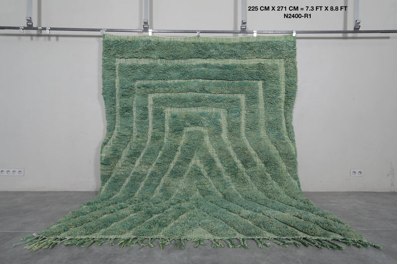 Unique Green Moroccan Rug - 7.3 x 8.8 ft | Geometric Pattern with Fringe