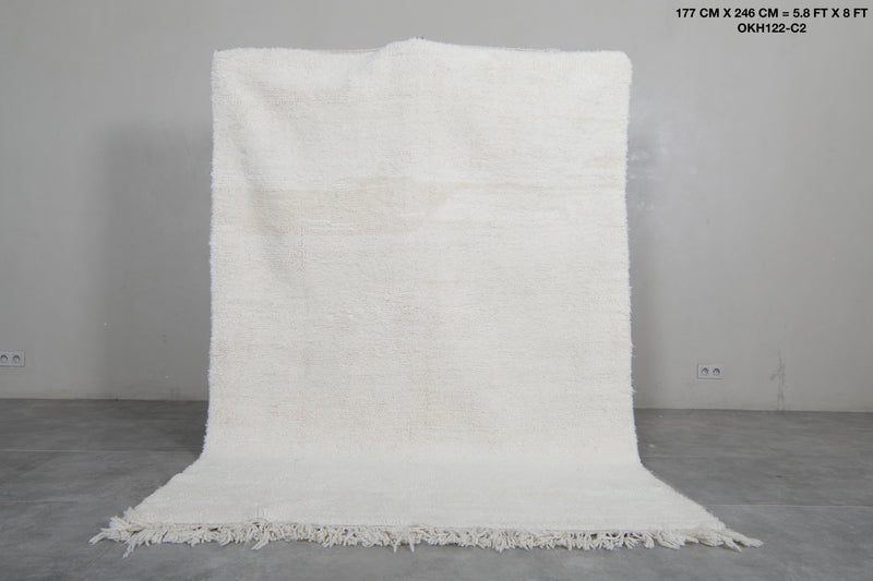 Minimalist Moroccan Rug - 5.8 x 8 ft | Soft White Shag with Fringe