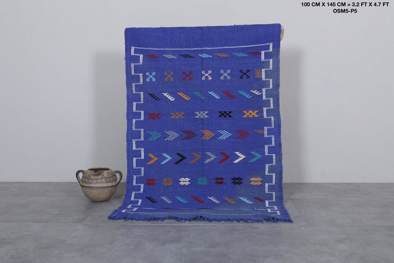 Handwoven Kilim 3.2 FT X 4.7 FT - Artisan Blue Rug with Geometric Patterns