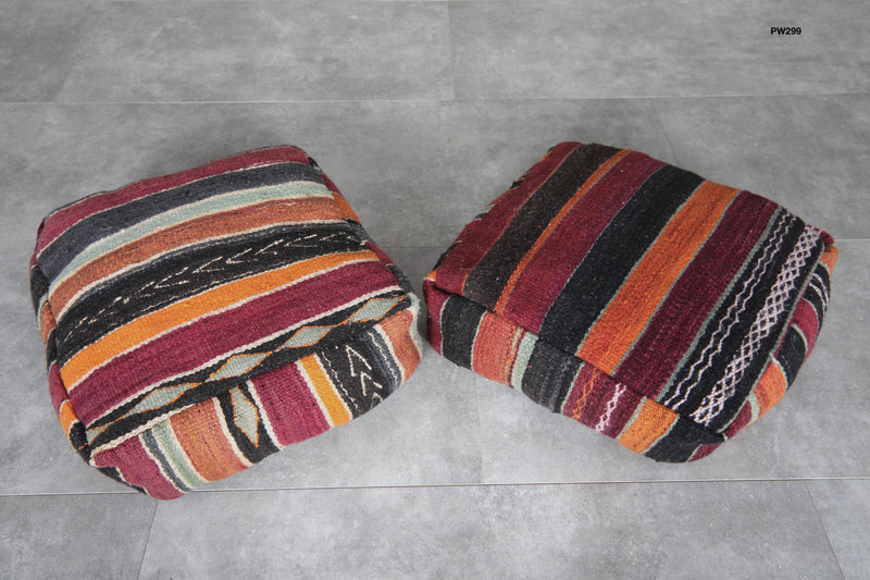 Pair of Moroccan Kilim Poufs - Handwoven Wool Floor Cushions