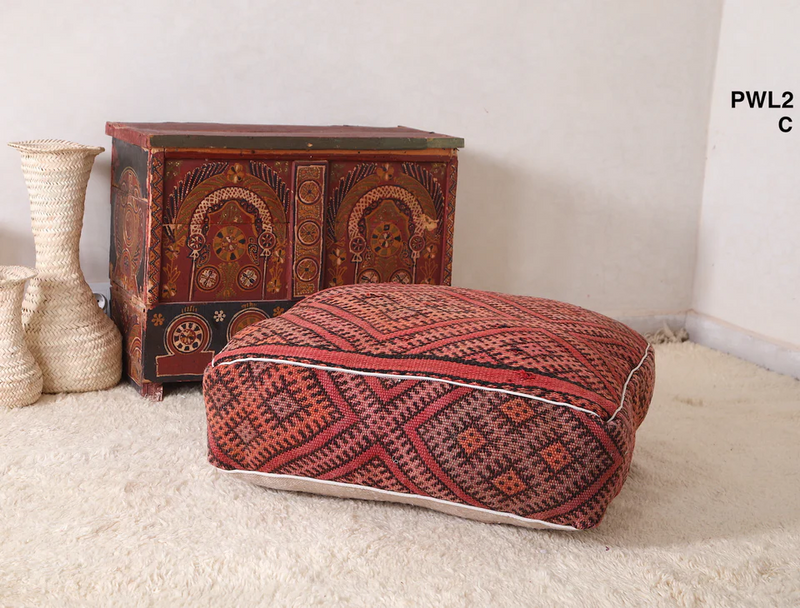 Berber Handwoven Moroccan Kilim Old Rug Pouf - Traditional Floor Cushion