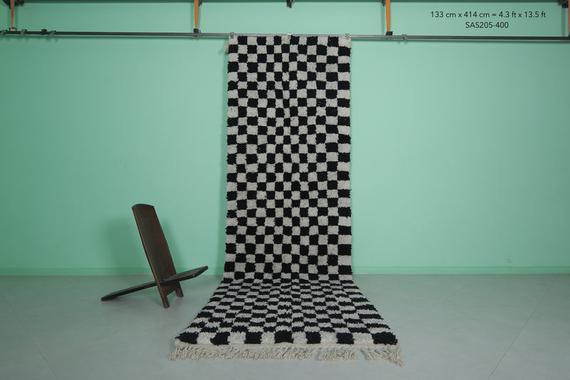 Moroccan Runner Rug - Black Checkered 4.3ft x 13.5ft