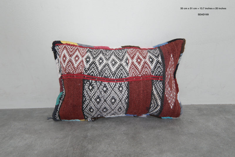 Rustic Moroccan Pillow with Red and Black Diamond Patterns - 13.7 x 20 Inches - kilim pillow