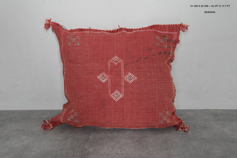 Rust Red Moroccan Sabra Pillow | 16.1x17.7 Inches Handwoven Cactus Silk - kilim pillow