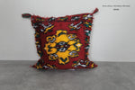 Vintage Moroccan Kilim Pillow | 16.5x16.5 Inches Red with Yellow Floral Design