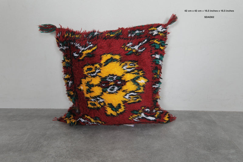 Vintage Moroccan Kilim Pillow | 16.5x16.5 Inches Red with Yellow Floral Design - kilim pillow