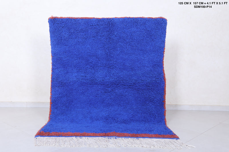 Blue Berber Beni Ourain Rug - 4.1 x 5.1 Ft | Brown Border Design