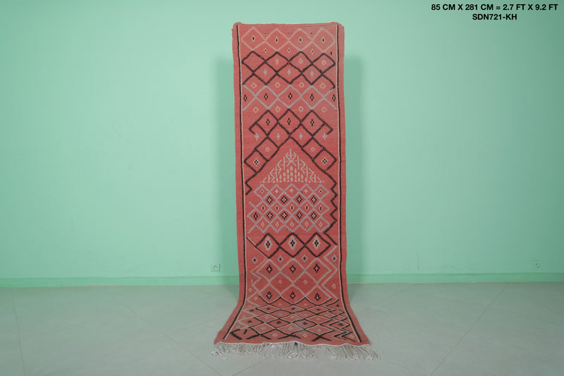 Handwoven Moroccan Rug 2.7 x 9.2 FT - Red Geometric Design