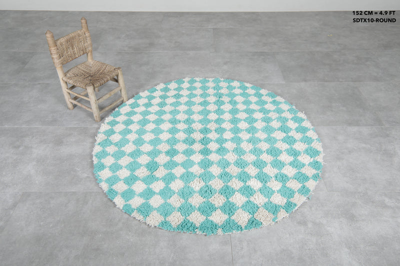 Round Moroccan Wool Rug - 4.9ft Aqua & Cream Checkerboard