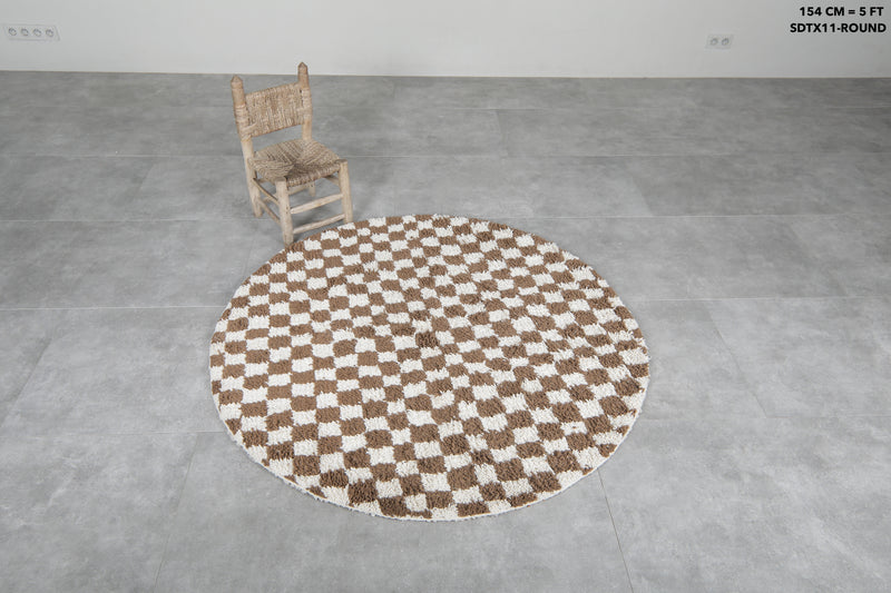 Round Moroccan Wool Rug - 5ft Brown & Cream Checkerboard