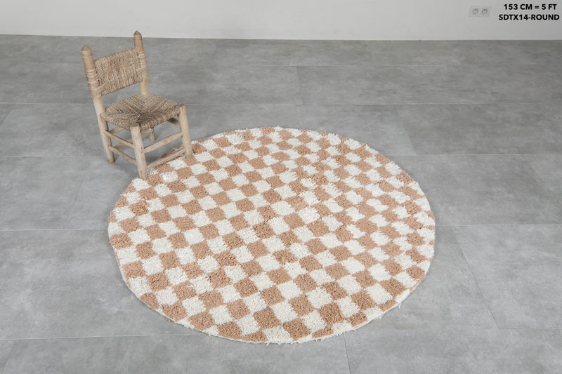 Round Moroccan Wool Rug - 5ft Beige & Cream Checkerboard