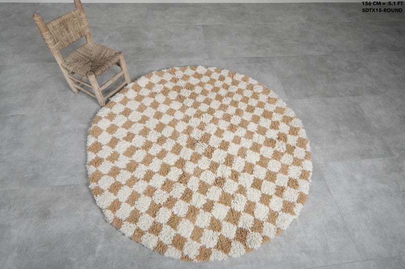 Round Moroccan Wool Rug - 5.1ft Beige & Cream Checkerboard