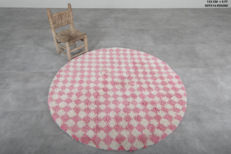 Round Moroccan Wool Rug - 5ft Pink & Cream Checkerboard