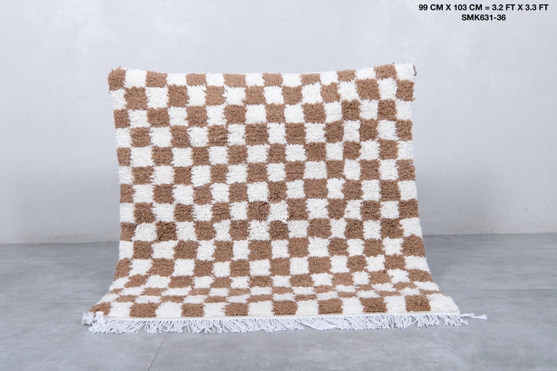 Checkered Moroccan Rug - Handwoven 3.2 x 3.3 Feet | Brown & White Wool Accent