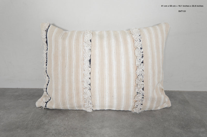 Beige Moroccan Striped Pillow with Fringe Accents - 16.1 x 22.8 Inches - kilim pillow