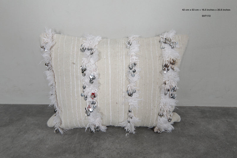 White Moroccan Wedding Pillow with Sequins - 16.5 x 20.8 Inches - kilim pillow