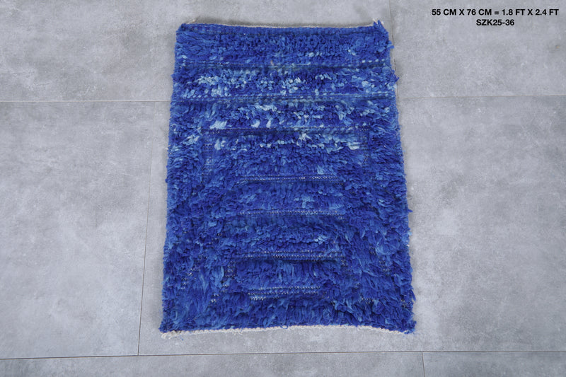 Moroccan Berber Rug - Handwoven 1.8 x 2.4 Feet | Blue Wool Accent