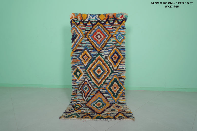 Moroccan Boucherouite Rug - 3x6.5 ft | Handwoven Geometric Design