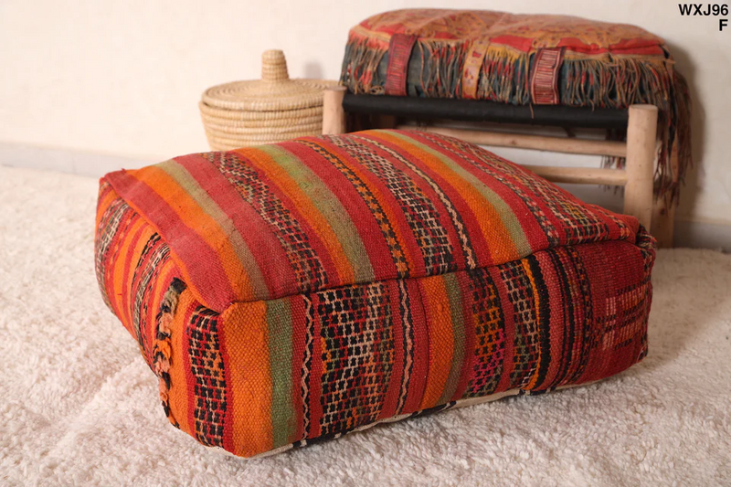 Red Handmade Moroccan Berber Rug Pouf – Unique Artisan Footstool - Moroccan kilim pouf