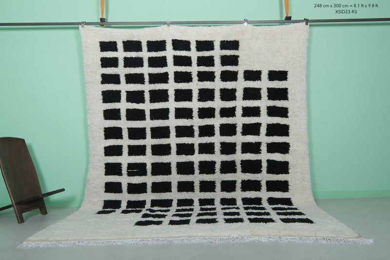 Striking Moroccan Rug with Black Grid Pattern - 8.1 x 9.8 Feet