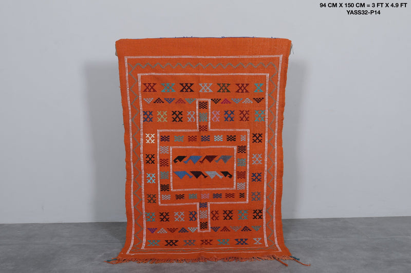 Vibrant Handwoven Kilim Rug - Orange Geometric Pattern | 3 FT X 4.9 FT