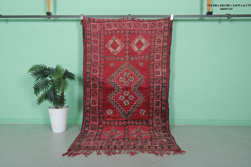 Red Handwoven Berber Rug - Moroccan Artistry 3.8 FT X 6.7 FT