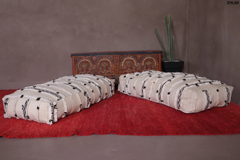 Moroccan Wedding Blanket Poufs - White & Black Boho Floor Cushions Set