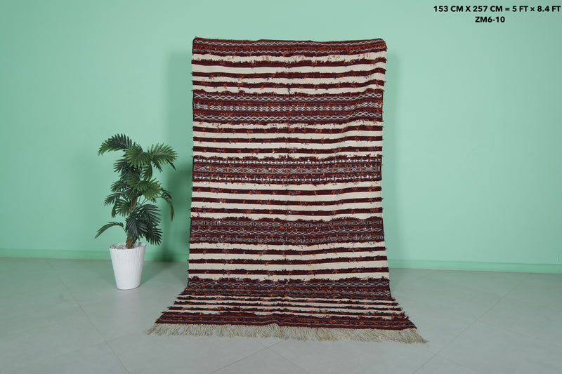 Berber Handira Stripe Moroccan Kilim 5 FT x 8.4 FT - Bold Geometric & Striped Design