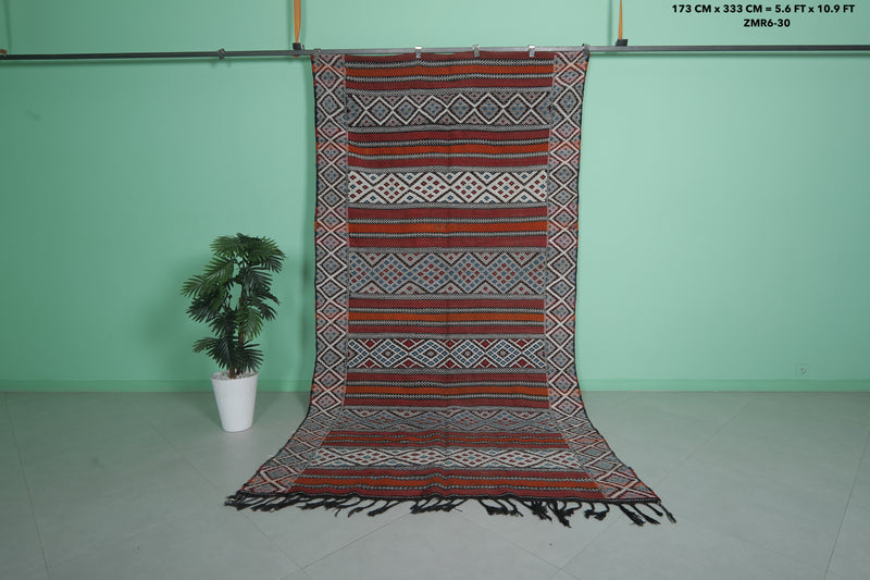 Handwoven Kilim Rug - 5.6 FT × 10.9 FT | Moroccan Tribal Design