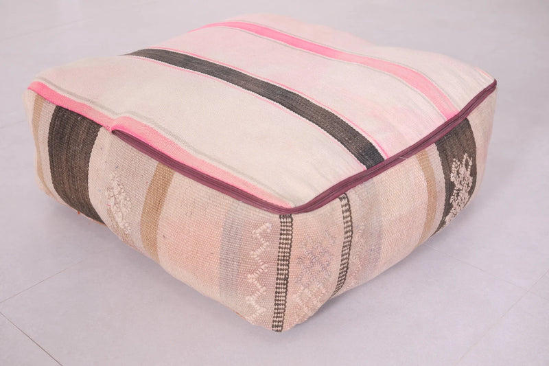 Moroccan Kilim Pouf - Soft Pink & Beige Striped Floor Cushion