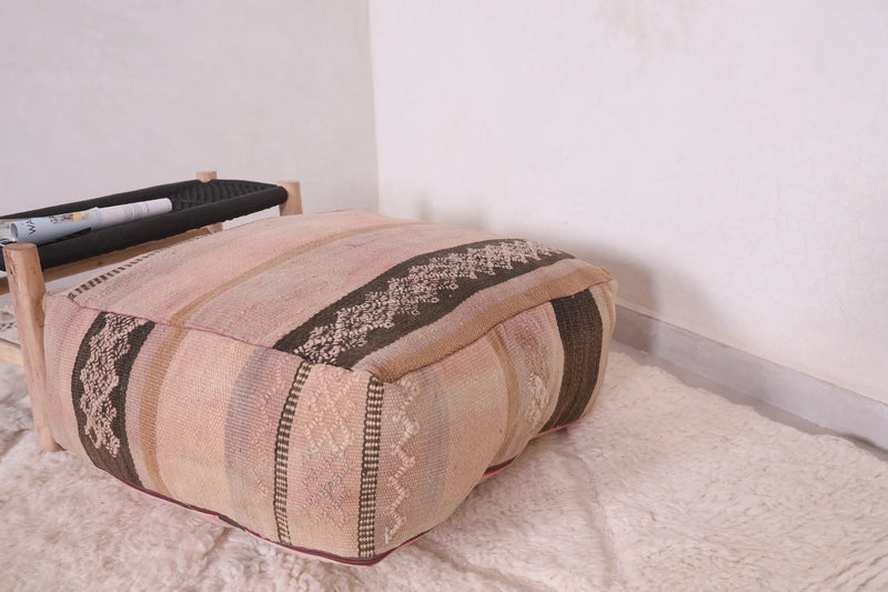 Moroccan Kilim Pouf - Soft Pink & Beige Striped Floor Cushion