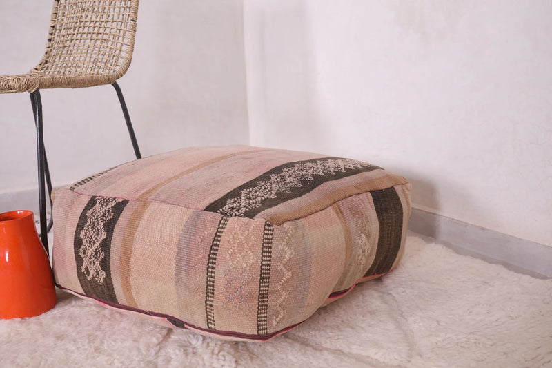 Moroccan Kilim Pouf - Soft Pink & Beige Striped Floor Cushion - kilim poufs