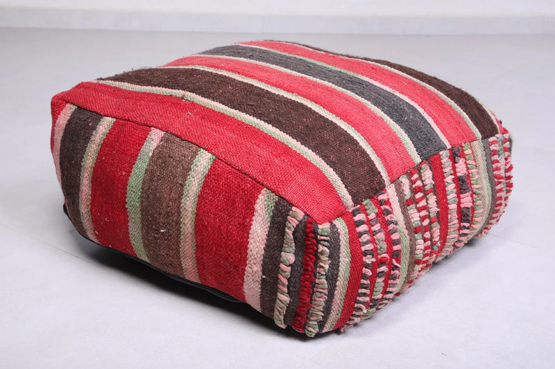 Moroccan Kilim Poufs - Red, Brown & Green Striped Floor Cushions Set