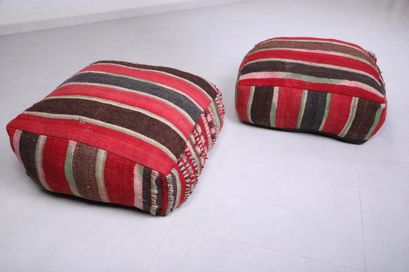 Moroccan Kilim Poufs - Red, Brown & Green Striped Floor Cushions Set