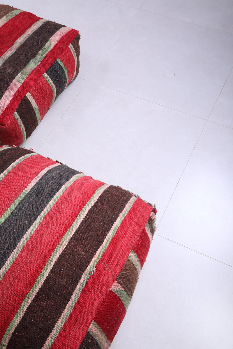 Moroccan Kilim Poufs - Red, Brown & Green Striped Floor Cushions Set