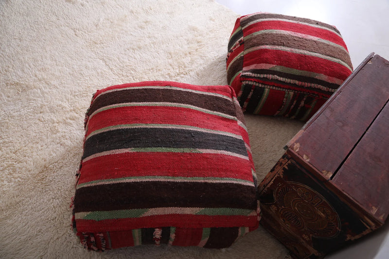 Moroccan Kilim Poufs - Red, Brown & Green Striped Floor Cushions Set