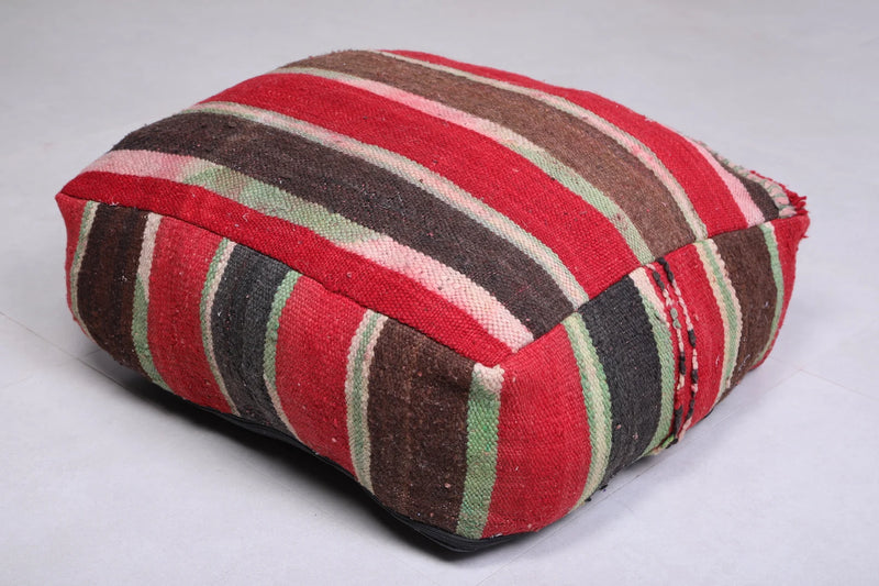 Moroccan Kilim Poufs - Red, Brown & Green Striped Floor Cushions Set