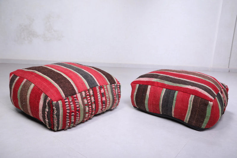 Moroccan Kilim Poufs - Red, Brown & Green Striped Floor Cushions Set