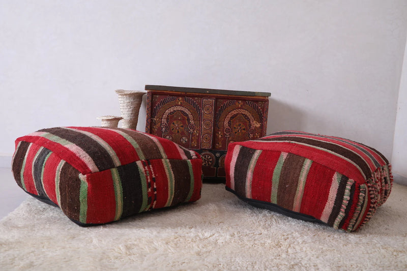 Moroccan Kilim Poufs - Red, Brown & Green Striped Floor Cushions Set