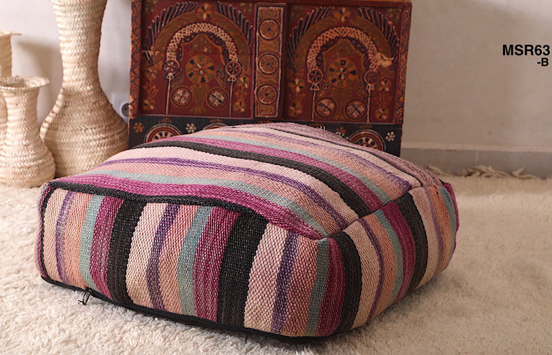 Moroccan Kilim Pouf - Multicolor Striped Floor Cushion - kilim pouf