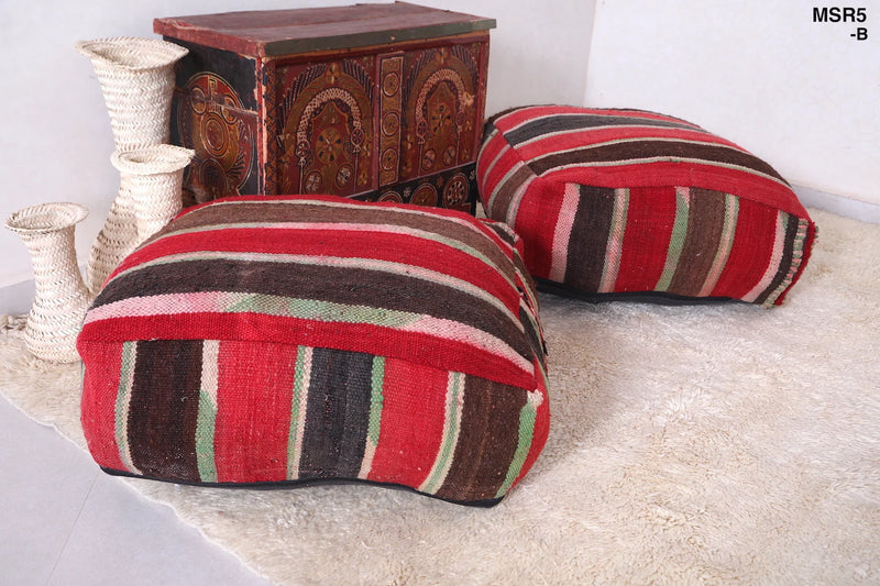 Moroccan Kilim Poufs - Red, Brown & Green Striped Floor Cushions Set