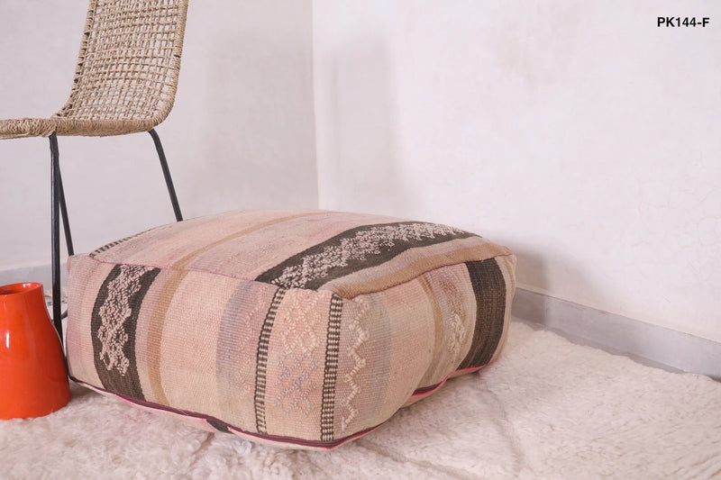 Moroccan Kilim Pouf - Soft Pink & Beige Striped Floor Cushion