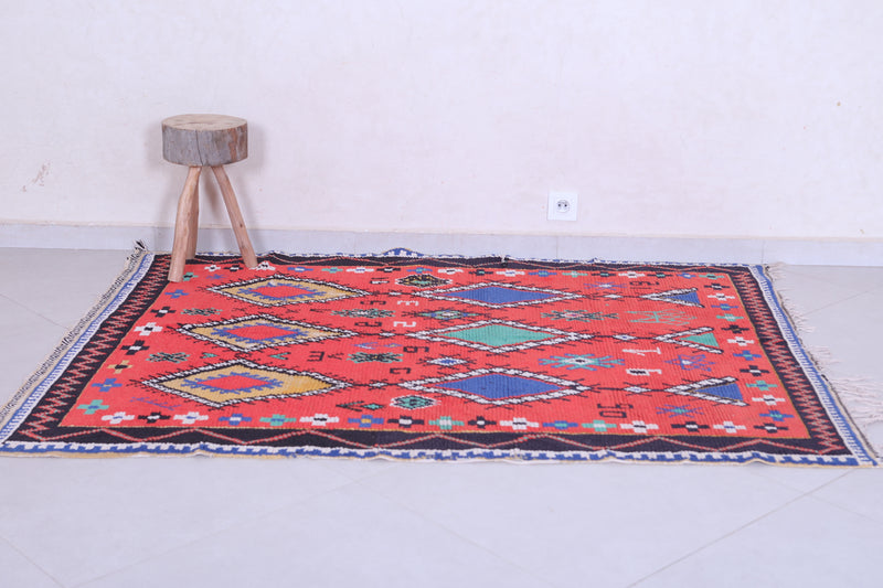 Colorful handmade berber red rug 4.6 X 5.9 Feet