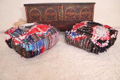 Two Berber cushions colored in boucherouite rug - Moroccan kilim pouf