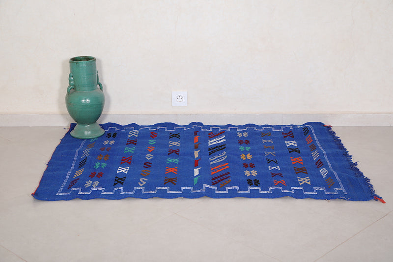 Moroccan berber blue handwoven kilim rug 3.1 FT X 4.7 FT