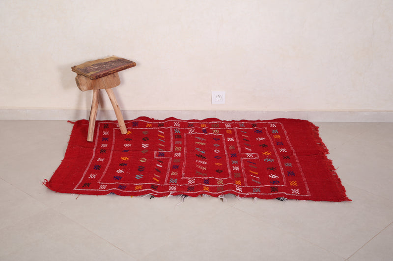 Handwoven Moroccan rug red kilim 3.2 FT X 4.7 FT