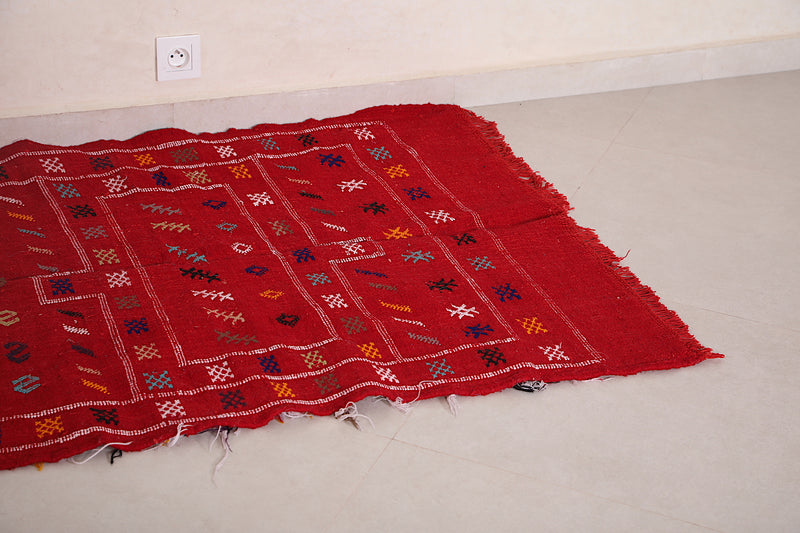 Handwoven Moroccan rug red kilim 3.2 FT X 4.7 FT