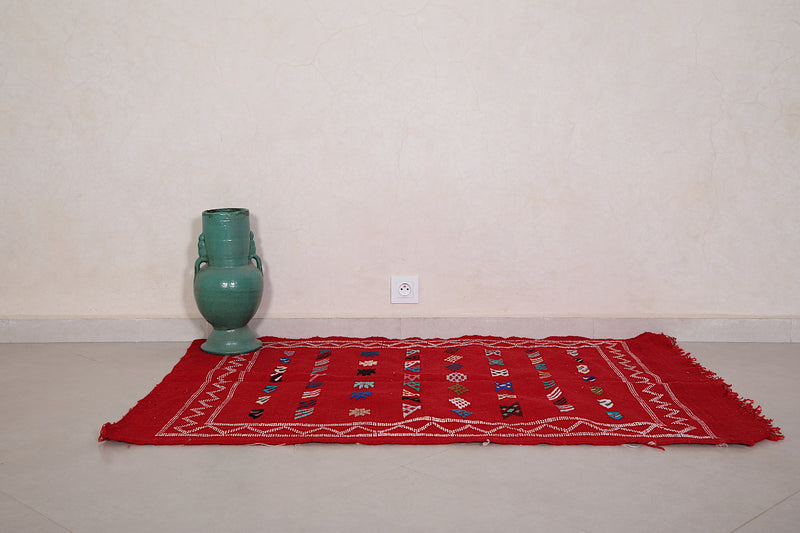 Red Handwoven Moroccan rug kilim 3.1 FT X 4.6 FT