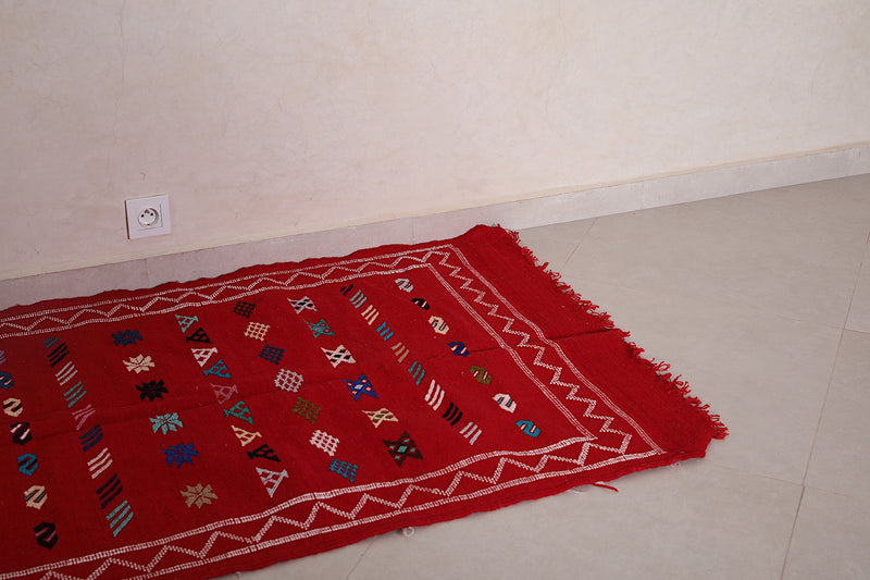 Red Handwoven Moroccan rug kilim 3.1 FT X 4.6 FT