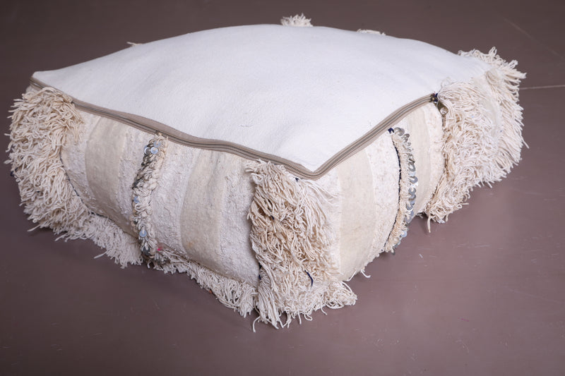 Two Moroccan Shaggy Poufs in White - Moroccan kilim pouf